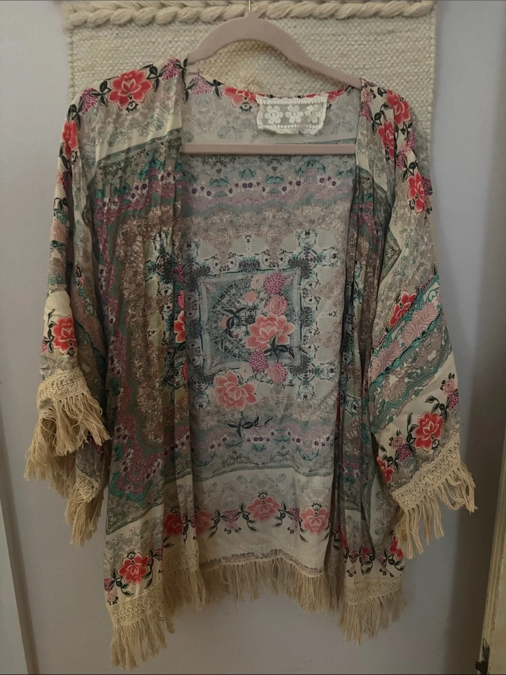 Bohemian Floral Fringe Kimono - Beige with Pink & Teal